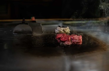 teppan show in a Japanese restaurant, cooking directly in front of the client, fish, rice, meat, vegetables