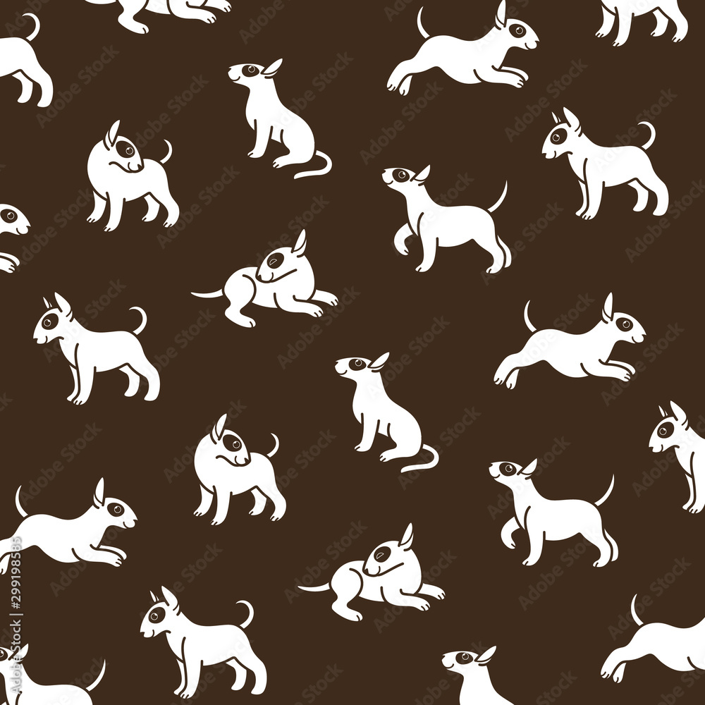 Wall mural Cartoon happy bull terrier - simple trendy pattern with white dogs on dark background. Flat illustration for prints, clothing, packaging and postcards.