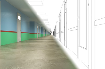long corridor with doors, interior visualization, 3D illustration