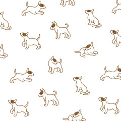 Cartoon happy bull terrier - simple trendy pattern with white dogs on dark background. Flat illustration for prints, clothing, packaging and postcards.