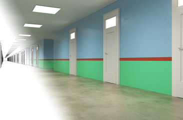 long corridor with doors, interior visualization, 3D illustration