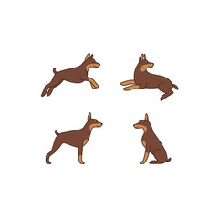 Cartoon dog icon set. Different poses of doberman. Good illustration for prints, clothing, packaging, stickers.