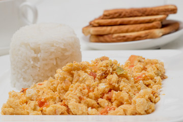 eggs with onion, tomato and rice (Colombian parrots)