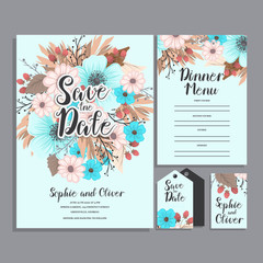 Set of card with pink and mint flower - wedding ornament concept.