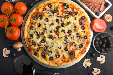 Italian pizza, with ingredients. Cookbook, homemade recipes, restaurant business .horizontal frame