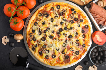 Italian pizza, with ingredients. Cookbook, homemade recipes, restaurant business .horizontal frame