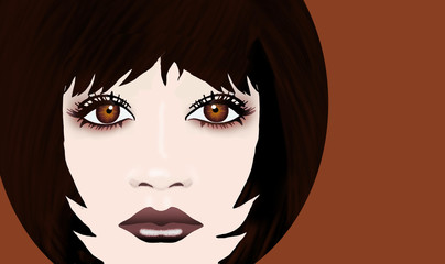 Here is a young girls face and she is a brunette with brown eyes. There is an area for text adjacent to the face image. It is an illustration.