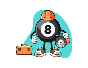 Billiard ball number 8 woodworker cartoon. Mascot Character vector.