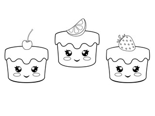 Three cute kawaii cakes with cherry, lemon and strawberries - set. Cupcakes with eyes, cheeks and mouths - cute sweets - vector linear pictures for coloring.
