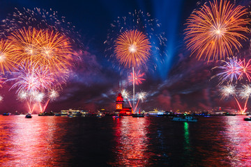 Fototapeta premium Istanbul, Uskudar Salacak / Turkey - 29 October 2019: The Republic celebration of Turkey, Fireworks and light shows at Maiden's Tower Uskudar