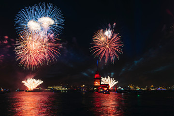 Istanbul, Uskudar Salacak / Turkey - 29 October 2019: The Republic celebration of Turkey, Fireworks and light shows at Maiden's Tower Uskudar