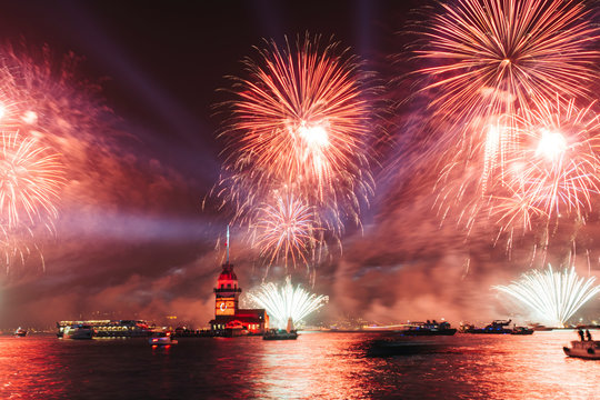 Istanbul, Uskudar Salacak / Turkey - 29 October 2019: The Republic celebration of Turkey, Fireworks and light shows at Maiden's Tower Uskudar