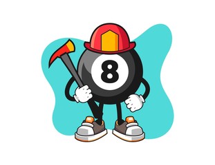 Billiard ball number 8 firefighter cartoon. Mascot Character vector.