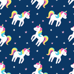 Seamless cute pattern, rainbow unicorn, little horse, magic star, design for print, packaging, fabric, wallpaper. Vector illustration for children.