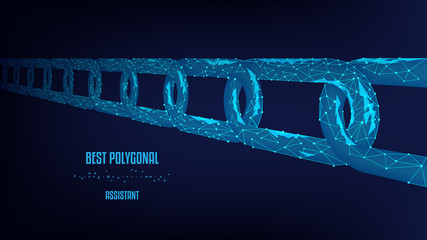 Chain in perspective, chain links, from triangles and luminous points. Conceptual image for a successful projects. Vector Polygonal illustration. Background of beautiful dark blue night sky. Low poly