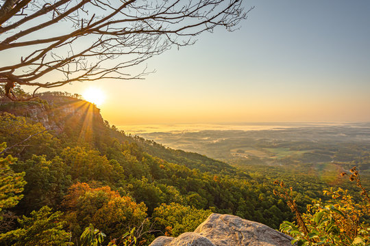 Sunrise view from Little Pinnacle Overlook at Pilot Mountain State Park, North Carolina,USA.