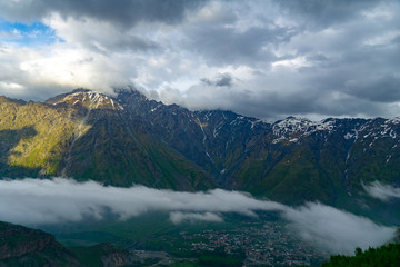 Snow mountain in Kazbegi, Georgia. Panoramic image