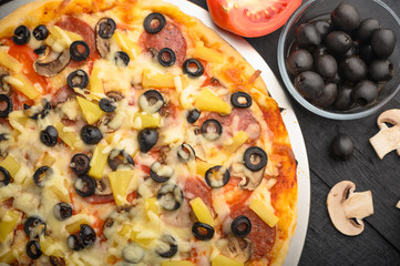 Italian pizza, with ingredients. Cookbook, homemade recipes, restaurant business .horizontal frame