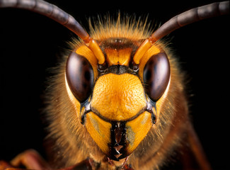 Close-up view of head of live European hornet (Vespa crabro)--the largest eusocial wasp native to Europe (4 cm)  introduced to North America.. This hornet preys on other insects and other small prey. © Gerry