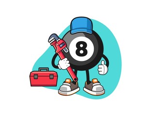 Billiard ball number 8 plumber cartoon. Mascot Character vector.