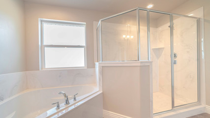 Panorama frame Contemporary marble bathroom shower and spa in white