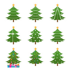 Christmas Tree flat icons set. Web sign stylized spruce kit. For Farm pictogram geometric style, gift box, pine.