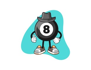 Billiard ball number 8 secret agent cartoon. Mascot Character vector.