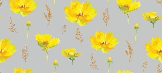 WATERCOLOR yellow FLOWERS ON a GRAY BACKGROUND