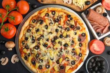 Italian pizza, with ingredients. Cookbook, homemade recipes, restaurant business .horizontal frame