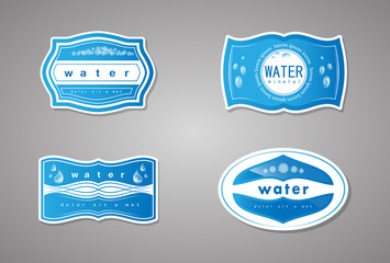 Mineral Water Label And Logo Sticker. Vector Set Isolated On Gray Background. Collection Of Clear Water Drop Icon. Flat Aqua Logo, Drink Logo And Bottle Label Design. Drinking Water Label