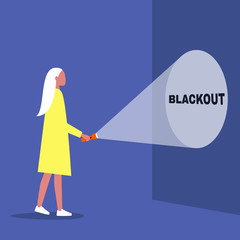 Electricity outage, Blackout, young female character holding a flashlight