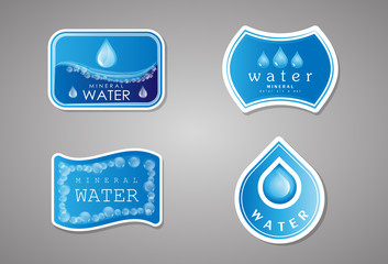 Mineral Water Label And Logo Sticker. Vector Set Isolated On Gray Background. Collection Of Clear Water Drop Icon. Flat Aqua Logo, Drink Logo And Bottle Label Design. Drinking Water Label