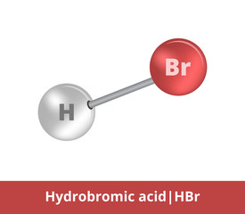 Vector ball-and-stick icon of hydrobromic acid or hydrogen bromide  HBr structure consisting of bromine and hydrogen. Structural formula suitable for education isolated on a white background.