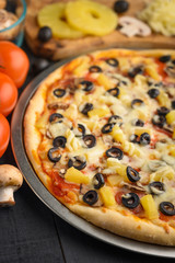 Italian pizza, with ingredients. Cookbook, homemade recipes, restaurant business. Vertical frame
