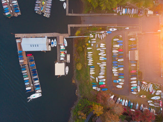 boats and yachts shot from above at sunset, nature, river. shot from above, texture