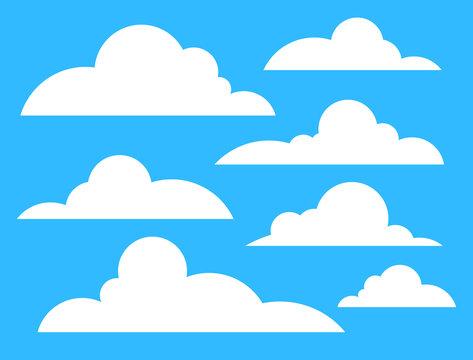Clouds icon white color isolated on blue azure background. Flat Vector illustration set of soft clouds clip-art elements.