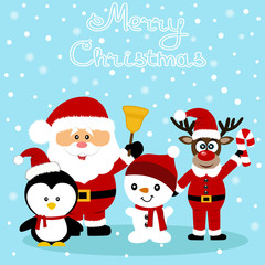Christmas card. Funny postcard with Santa Claus, Christmas reindeer, snowman and penguin.
