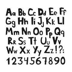 Doodle simple primitive kids alphabet, vector hand drawn letters elements. For kids books, posters, postcard typography