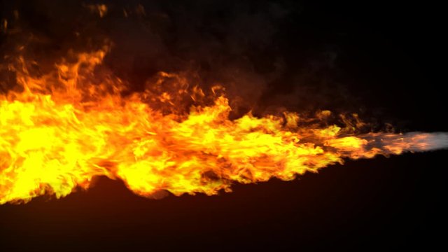 Animated realistic streams of fire with black smoke similar to a shot from a flamethrower, exhaust from a rocket engine or the flame of a fire-breathing dragon. Clip with alpha channel.