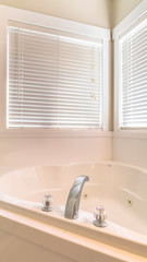 Vertical Clean bathroom interior of a home with shower stall adjacent to the bathtub