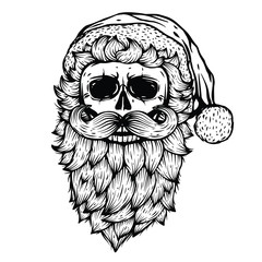 Vector Skull black illustration isolated on white background. Bad Santa image. Skeleton head. Holiday home decor print. T shirt design. Halloween, Christmas, New Year graphic design. 