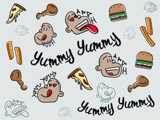 Fototapeta premium funny pattern background with funny faces and food illustrated 