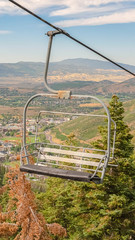 Vertical Chairlifts with aerial view of the summer landscape at a ski resort in Park City