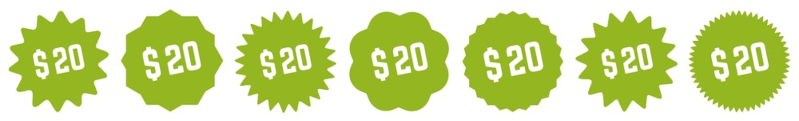 20 Price Tag Green Eco | 20 Dollar | Special Offer Icon | Sale Sticker | Deal Label | Variations