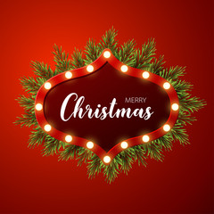 Christmas background with fir branches, light sign on red background, vector illustration