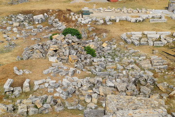 Top view of the excavation site in ruined ancient city of Hierapolis. The remains of destroyed...