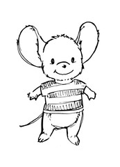 Cute little mouse, black and white graphics. Vector illustration.
