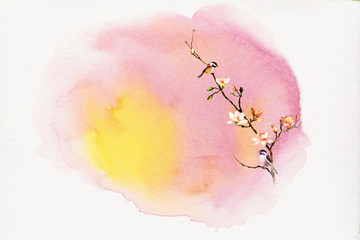 chickadee on magnolia watercolor - 299217362