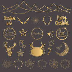 Collection of Golden Christmas Elements. Gold Holiday Frames, Fireworks, Garland, Stars etс.