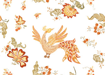 Fantasy floral seamless pattern in jacobean embroidery style, vintage, old, retro style. Vector illustration in soft orange and green colors Isolated on white background.